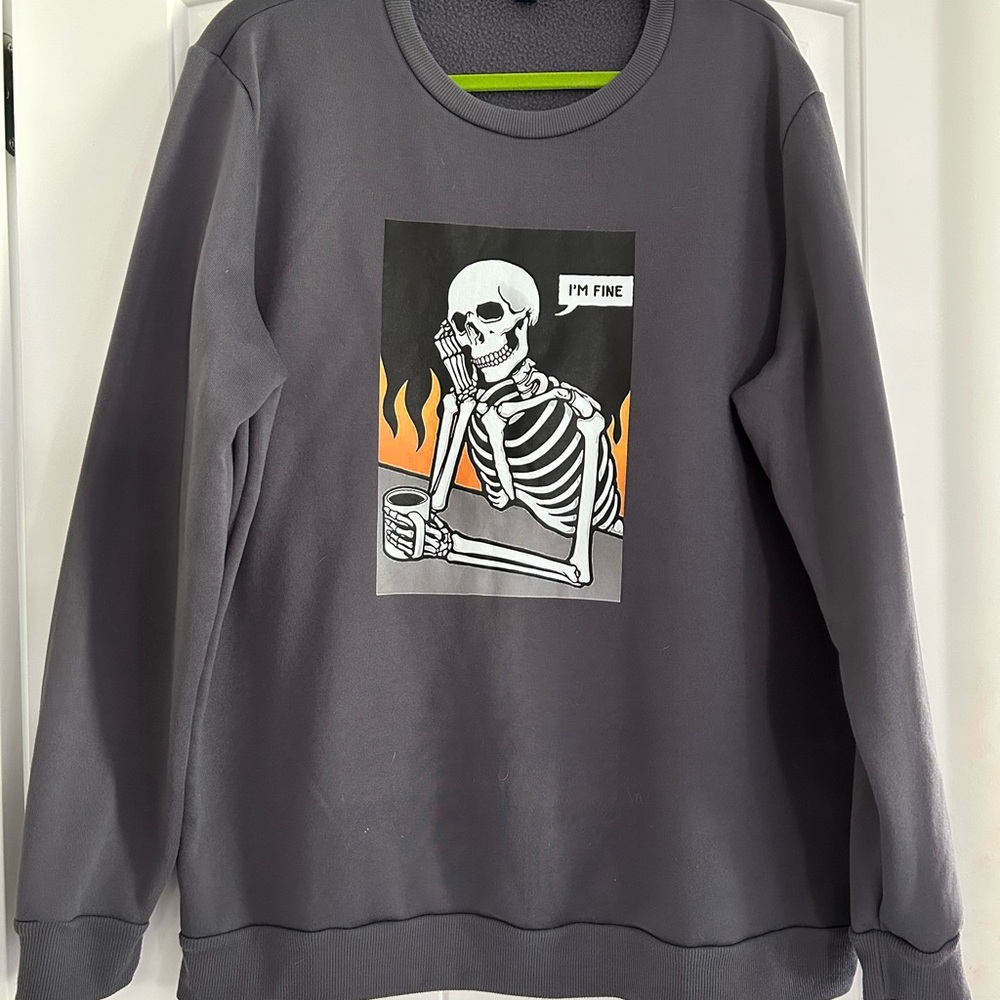 Sweatshirt - “I’m Fine” Grey Skeleton Sweatshirt - XL